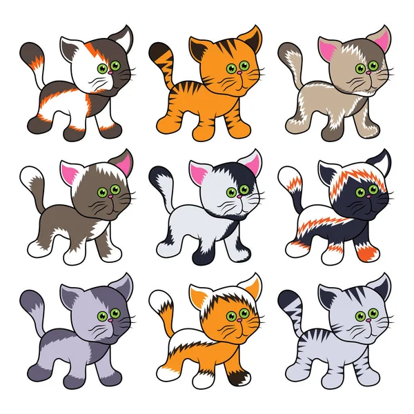 Nove Divertidos Desenhos Animados Gatos Isolados Fundo Branco Imagem Cor — Vetor de Stock