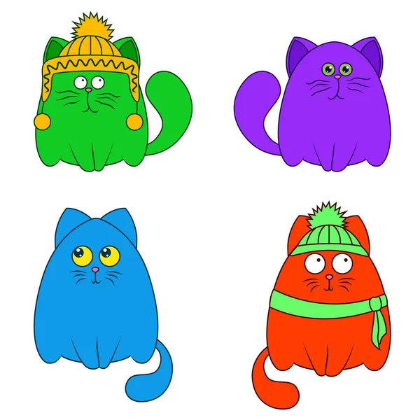 Four Amusing Cartoon Bright Colors Cats Isolated White Background Color — Stock Vector