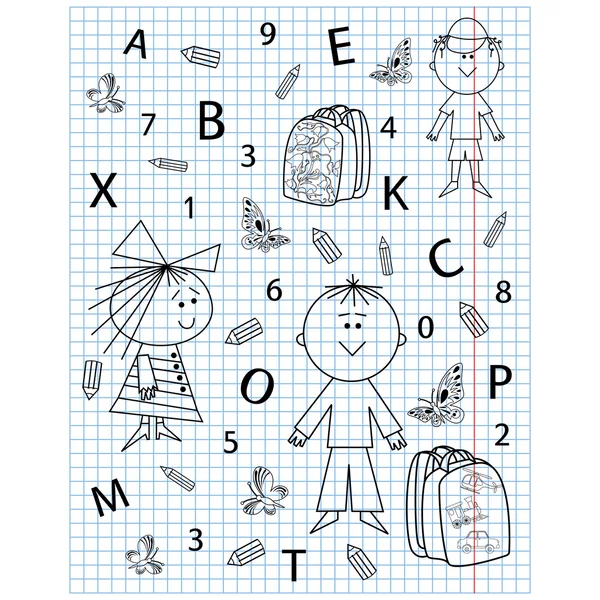 School kit on notebook sheet — Stock Vector