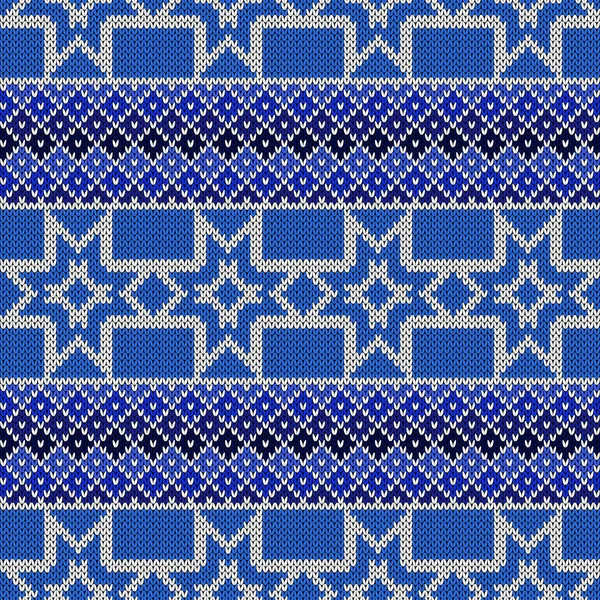 Бесшовный Контраст Вязания Украшенный Синим Белым Цветами Векторный Узор Текстура — стоковый вектор