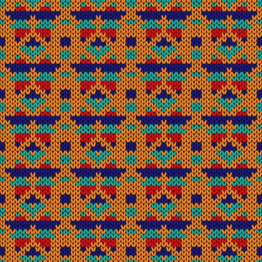 Süslü örgü kumaş dokusu olarak turkuaz, kırmızı, mavi ve turuncu renklerde kusursuz vektör deseni