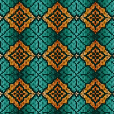 Süslü örgü kumaş dokusunda turkuaz ve turuncu renklerde kusursuz vektör deseni.