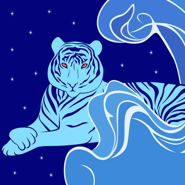 Gracieux Tigre Bleu Sur Fond Sombre Avec Vague Eau Étoiles — Image vectorielle