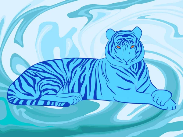 Изящный Синий Тигр Фоне Имитации Волн Воды Символ Нового Года — стоковый вектор