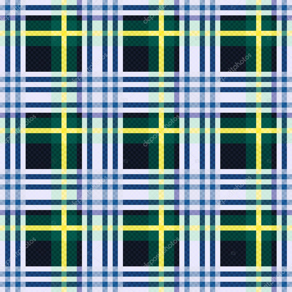 Rectangular seamless vector pattern as a tartan plaid mainly in blue, green and yellow hues, texture for flannel shirt, plaid, tablecloths, clothes, blankets and other textile