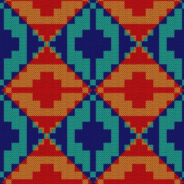 Seamless Knitting Ornate Blue Turquoise Red Orange Colors Vector Pattern — стоковый вектор