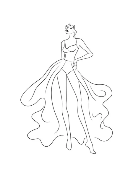 Contorno Negro Mujer Elegante Delgada Vestido Lujo Aislado Sobre Fondo — Vector de stock