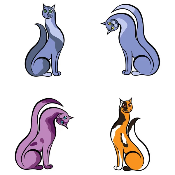 Quatro Divertidos Diferentes Desenhos Animados Gatos Isolados Fundo Branco Imagem — Vetor de Stock