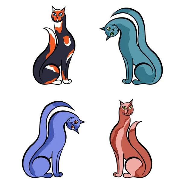 Quatro Divertidos Gatos Desenhos Animados Isolados Fundo Branco Imagem Cor — Vetor de Stock