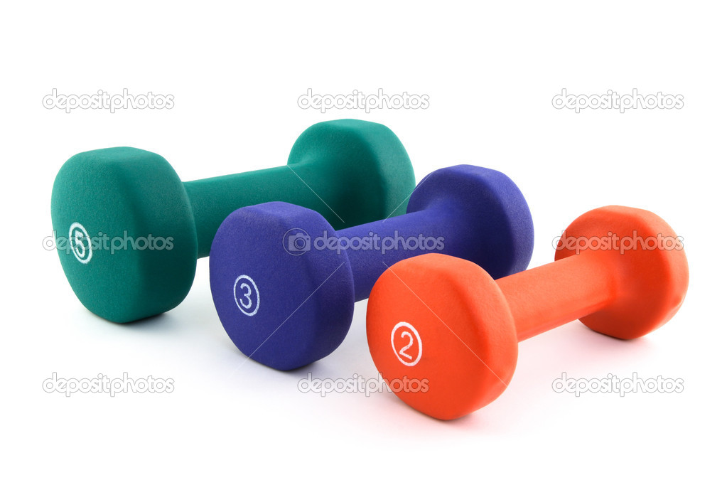 Three colorful dumbbells of different size