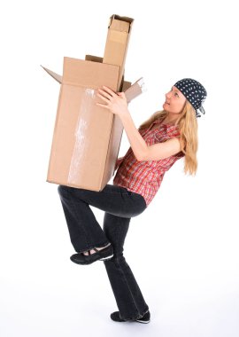 Girl balancing with cardboard boxes clipart
