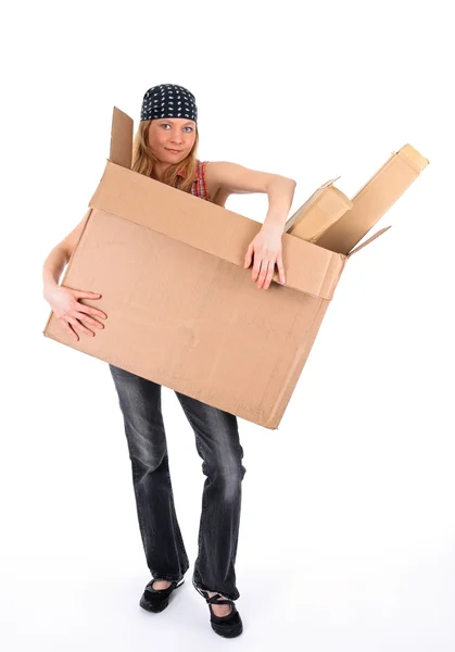 Young woman with a big cardboard box — Stock Photo, Image