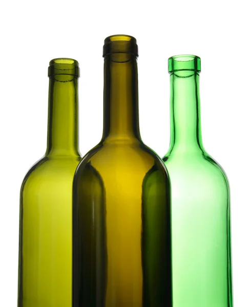 Three empty wine bottles for recycling — Stock Photo, Image