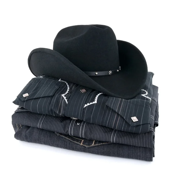 Чорний ковбойський капелюх та одяг — стокове фото