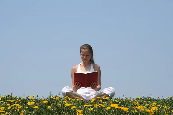 Mujer joven leyendo un libro en un campo floreciente — Foto de Stock