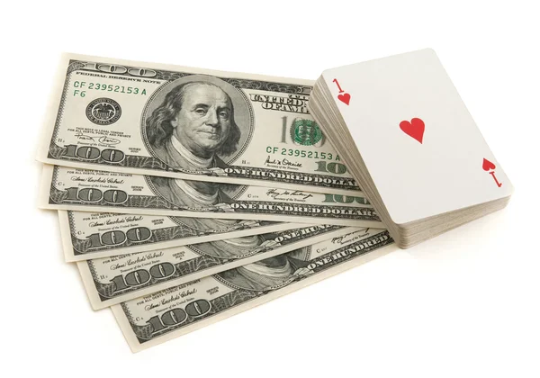 Deck of cards and money on white background — Stock Photo, Image
