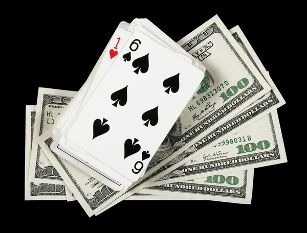 Deck of cards and money on black background — Stock Photo, Image