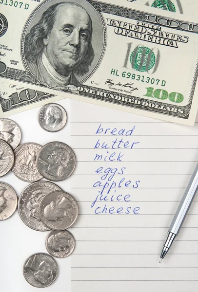 Shopping list, money and pen — Stock Photo, Image