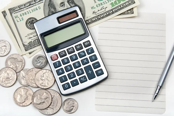 Calculator, empty lined paper, money and pen — Stock Photo, Image