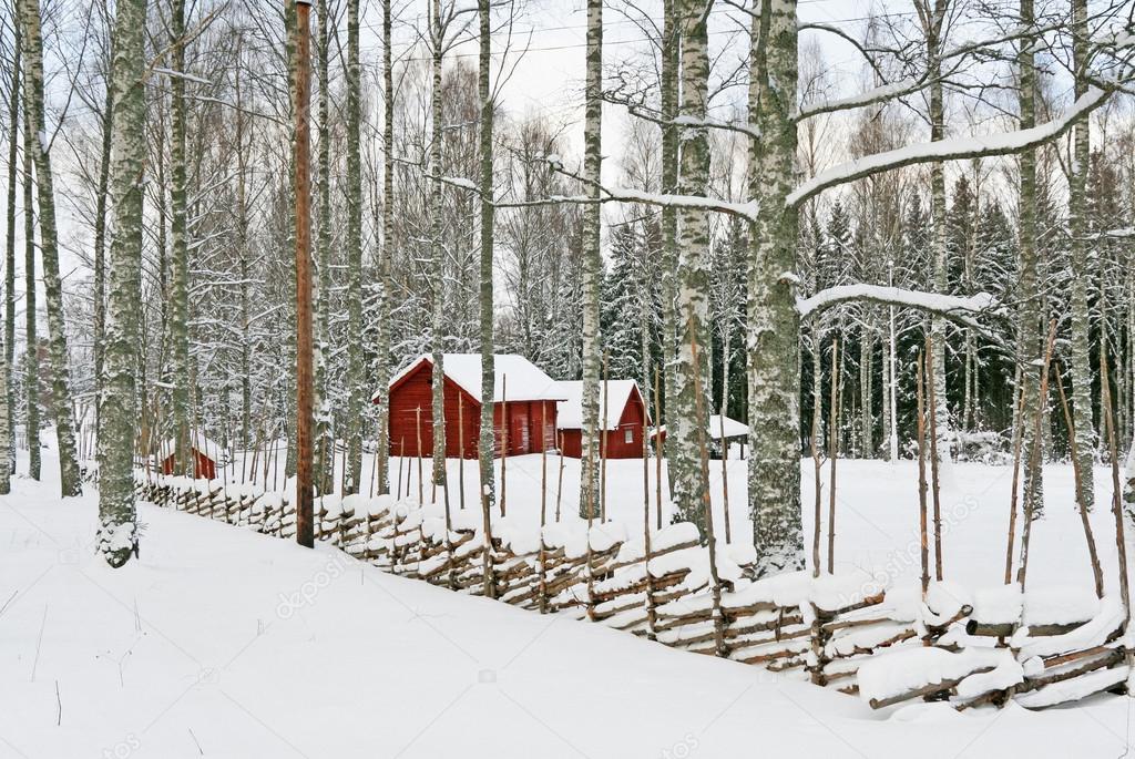 Red wooden houses in a snowy landscape