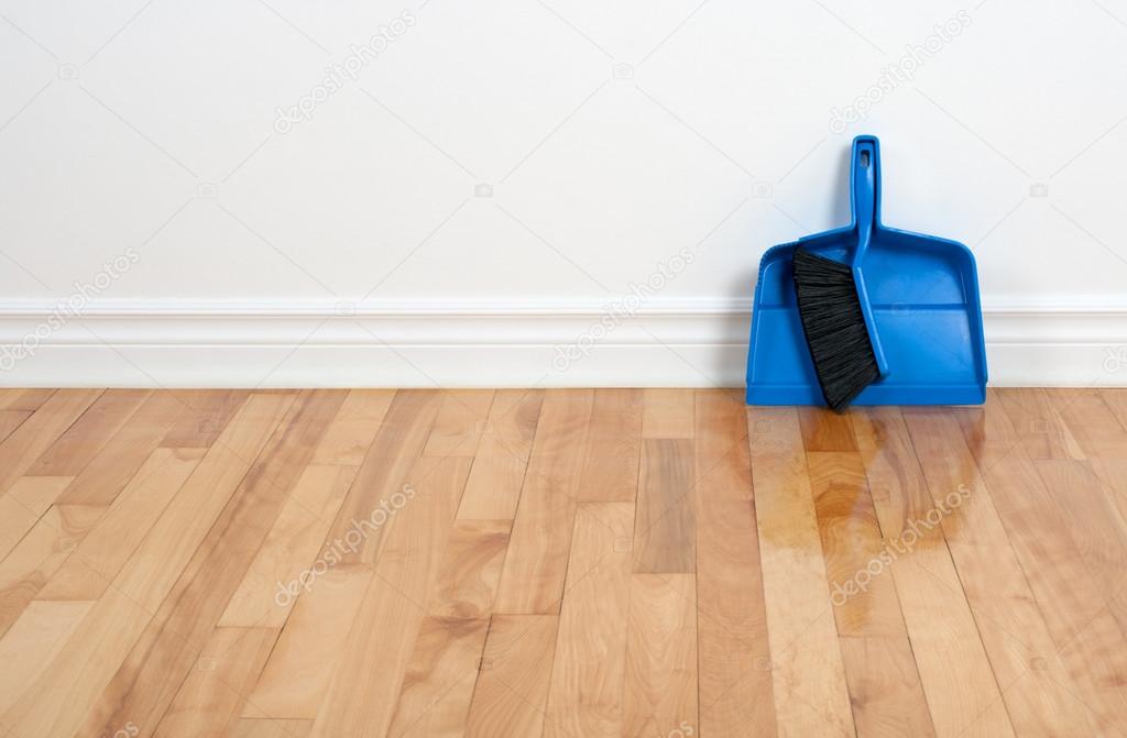 Dustpan and brush on a wooden floor