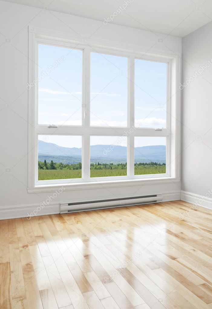 Empty room and summer landscape seen through the window