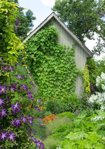 Malý domek v kvetoucí zahradě — Stock fotografie