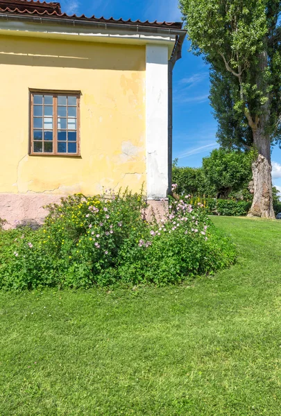 绿色的草坪上的经典斯堪的纳维亚房子 — 图库照片