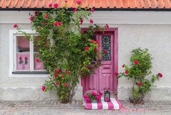 Roses decorating the house entrance — Stock Photo, Image