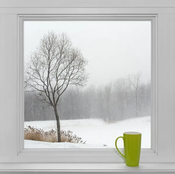 Paisagem de inverno vista através da janela e copo verde — Fotografia de Stock