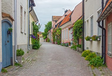 Street with old houses in a Swedish town Visby clipart