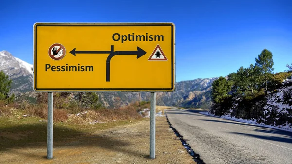 Ulica Podpisz Drogę Kierunku Optymizmu Kontra Pesymizm — Zdjęcie stockowe