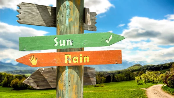 Straßenschild Wegweiser Sonne Gegen Regen — Stockfoto