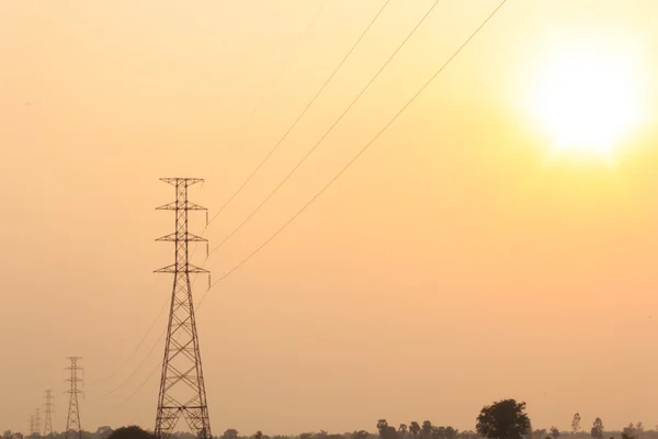 Pólo de poder de alta tensão no meio de um campo de milho ao pôr-do-sol . — Fotografia de Stock