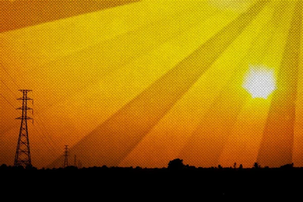 Високовольтний силовий полюс посередині кукурудзяного поля з помаранчевим небом — стокове фото