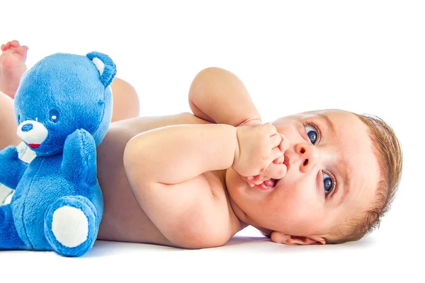 Cute baby and blue bear — Stock Photo, Image