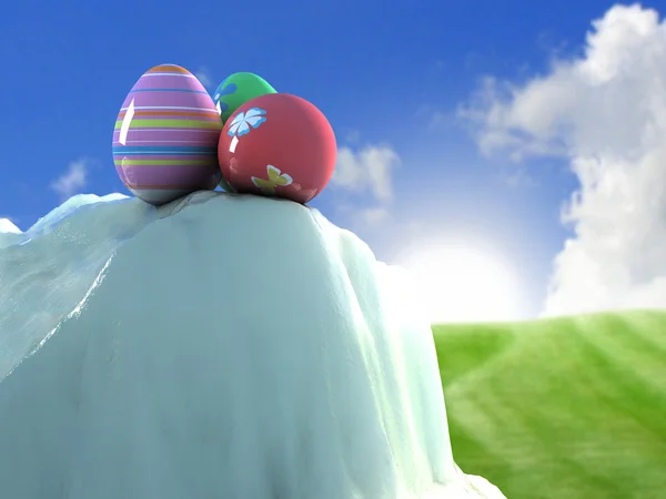Easter eggs on ice mountain — Stock Photo, Image