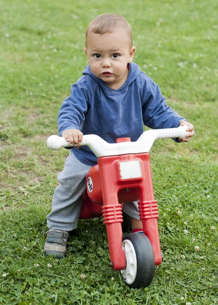 Niño en bicicleta de juguete — Foto de Stock