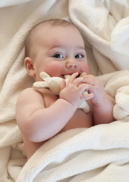 Baby with soft toy — Stock Photo, Image