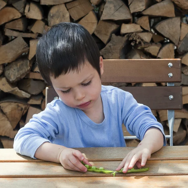 Yeşil bezelye yiyen çocuk — Stok fotoğraf