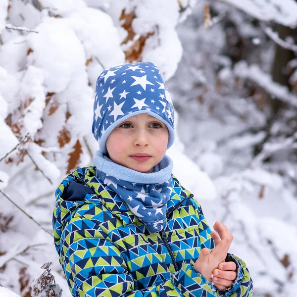 冬の森や新雪に覆われた木の枝の隣の公園に立つ冷たい子供の肖像画 — ストック写真