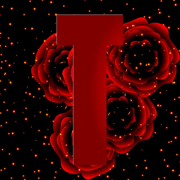 Alphabet on a background of red roses Letter T — Stock Vector