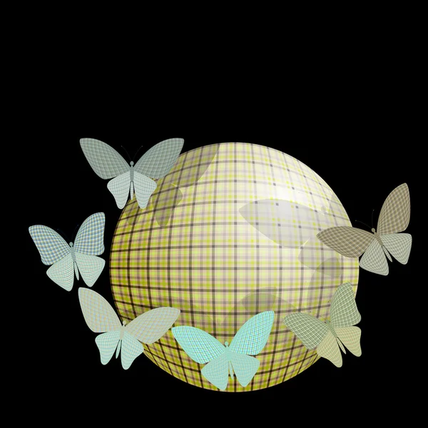 Grupo de mariposas cerca de la pelota sobre un fondo negro — Vector de stock