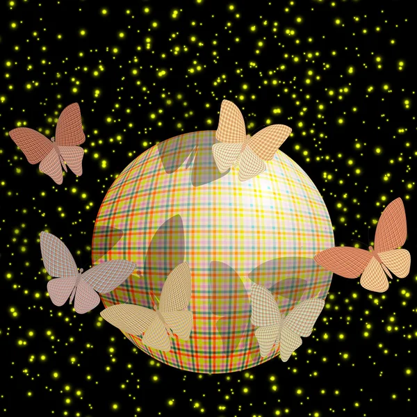 Grupo de mariposas cerca de la pelota sobre un fondo brillante — Vector de stock