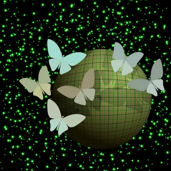 群在辉煌背景上球附近的蝴蝶 — 图库矢量图片
