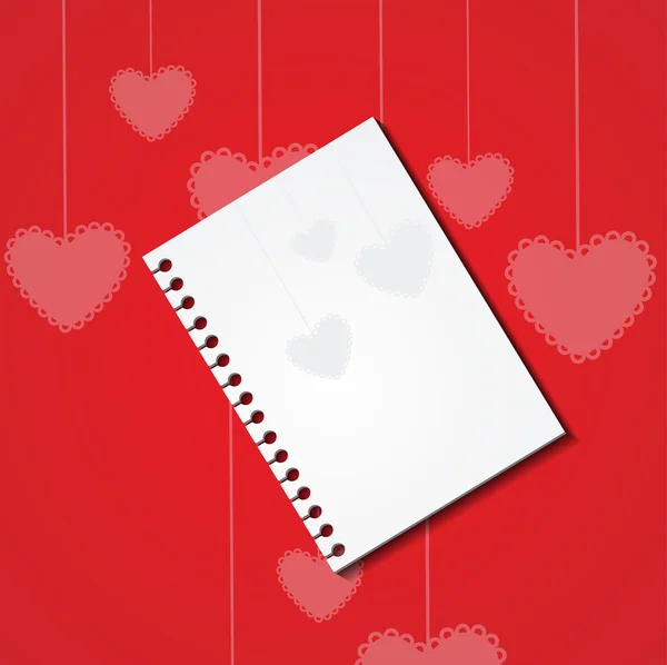 Cuaderno de notas sobre el fondo de los corazones — Vector de stock