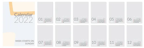 Vertical wall calendar template for 2022 year. Set of 12 months. Week starts on Sunday. Planner in minimalist style with place for photo. Vector editable corporate and business calendar page template — Stock Vector