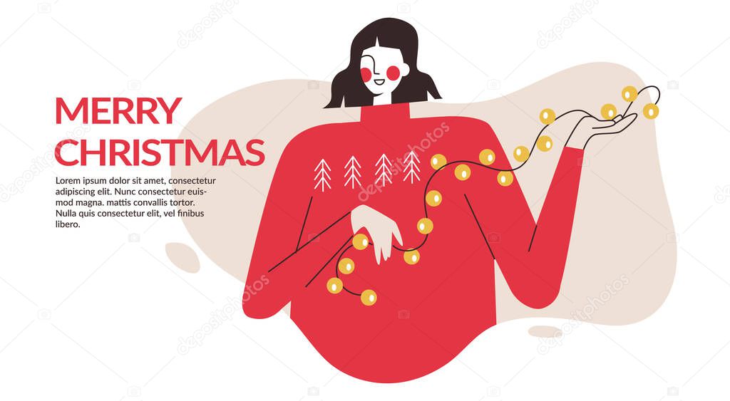Christmas woman with garland and baubles. Christmas and New year preparations banner, flyer, landing page. Trendy female character celebrate winter x-mas holidays. Flat vector cartoon illustration