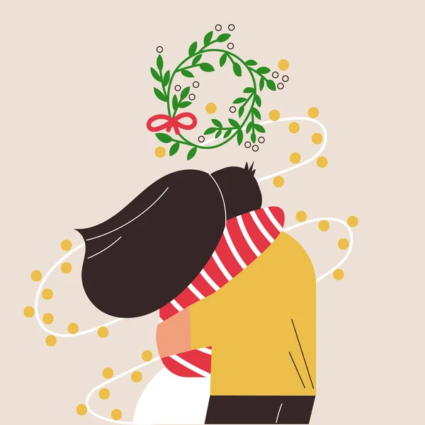 Pareja joven besándose y abrazándose bajo la rama de muérdago en casa en la víspera de Navidad. El hombre y la mujer están bajo la corona de muérdago. Navidad tradición plana vector de dibujos animados ilustración para la tarjeta de felicitación — Vector de stock