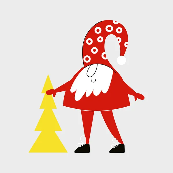 モミの木やシンプルな北欧スタイルで赤いキャップとかわいいドワーフとクリスマスノーム。冬の小説や休日エルフフラットベクトル漫画イラストクリスマスグリーティングカードのためにサンタクロース — ストックベクタ